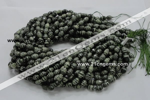 CSJ70 15.5 inches 7*11mm faceted rice green silver line jasper beads