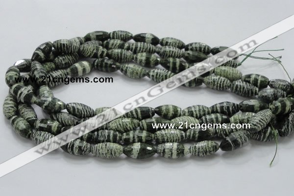 CSJ72 15.5 inches 10*20mm faceted rice green silver line jasper beads