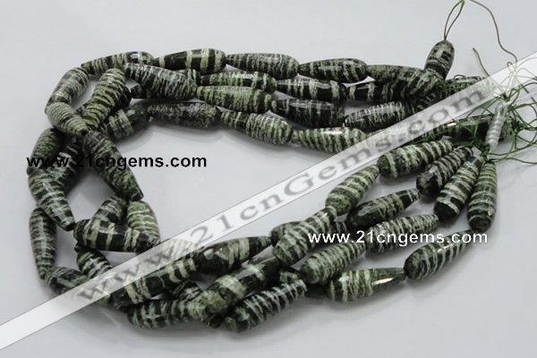 CSJ76 15.5 inches 10*30mm faceted teardrop green silver line jasper beads