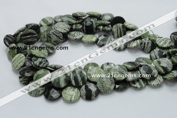 CSJ82 15.5 inches 18mm faceted flat round green silver line jasper beads