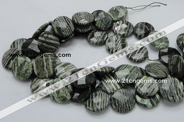 CSJ83 15.5 inches 25mm faceted flat round green silver line jasper beads