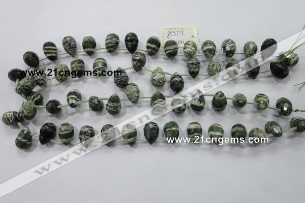 CSJ86 Top-drilled 10*14mm faceted teardrop green silver line jasper beads