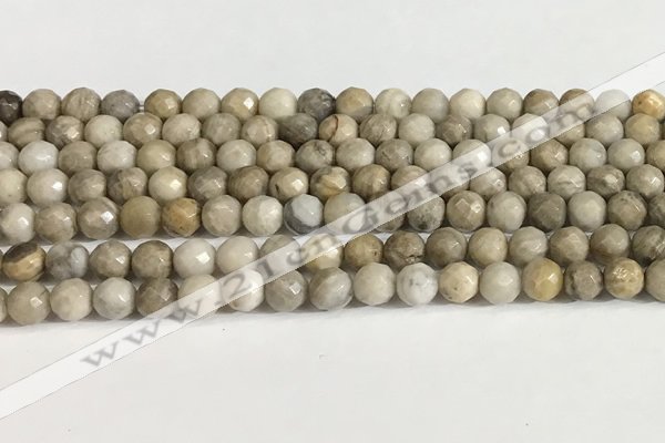 CSL157 15.5 inches 6mm faceted 

round sliver leaf jasper beads