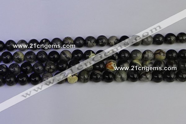 CSL214 15.5 inches 12mm round black silver leaf jasper beads