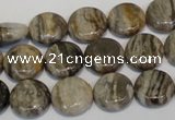 CSL28 15.5 inches 12mm flat round silver leaf jasper beads wholesale