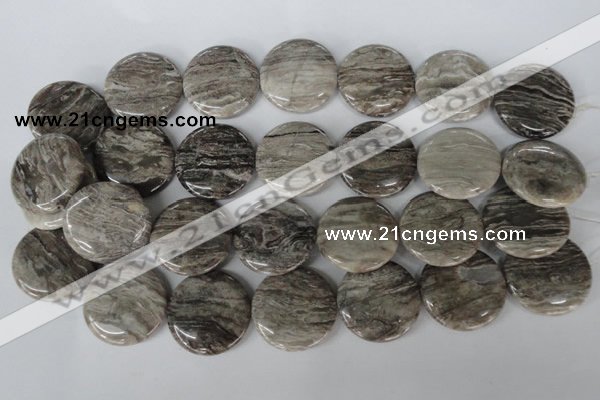 CSL35 15.5 inches 30mm flat round silver leaf jasper beads wholesale