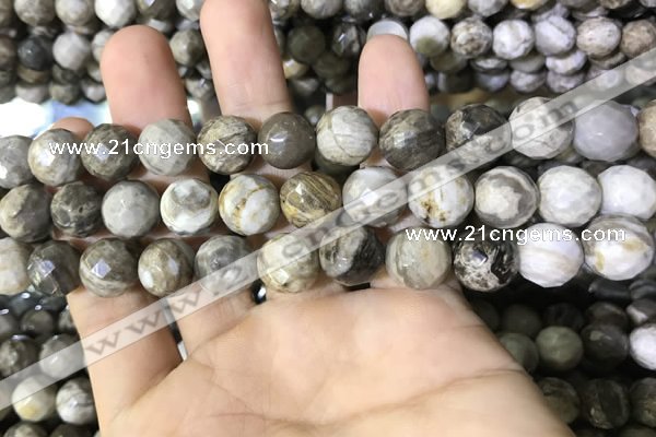 CSL95 15.5 inches 12mm faceted round sliver leaf jasper beads