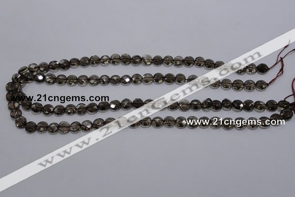 CSQ122 8mm faceted flat round grade AA natural smoky quartz beads