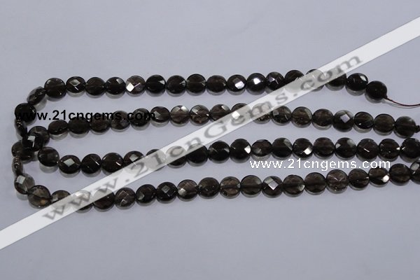 CSQ123 10mm faceted flat round grade AA natural smoky quartz beads
