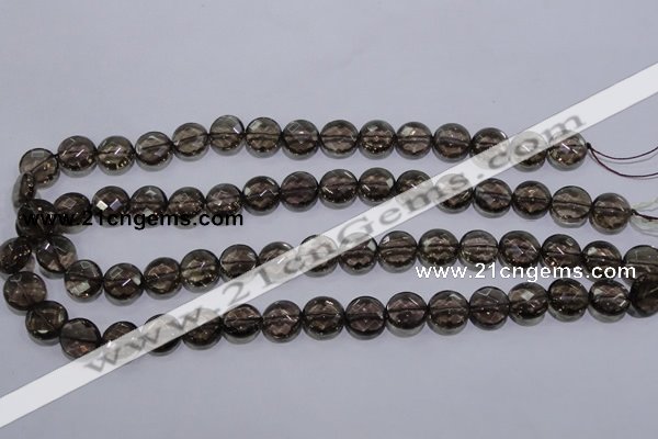 CSQ124 12mm faceted flat round grade AA natural smoky quartz beads