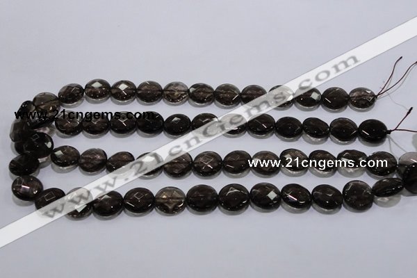 CSQ125 15.5 inches 14mm faceted flat round grade AA natural smoky quartz beads