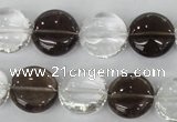 CSQ151 15.5 inches 15mm flat round white crystal & smoky quartz beads