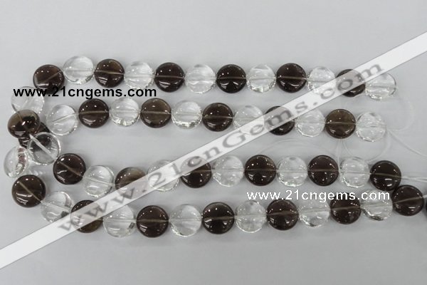 CSQ151 15.5 inches 15mm flat round white crystal & smoky quartz beads