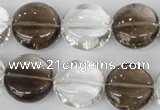 CSQ152 15.5 inches 18mm flat round white crystal & smoky quartz beads