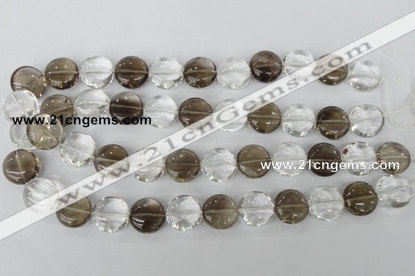CSQ152 15.5 inches 18mm flat round white crystal & smoky quartz beads