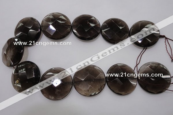 CSQ222 15.5 inches 35mm faceted coin grade AA natural smoky quartz beads