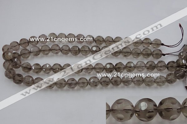 CSQ253 15.5 inches 12mm carved round matte smoky quartz beads