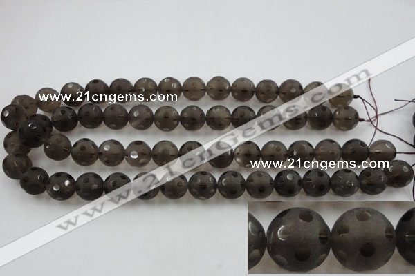 CSQ254 15.5 inches 14mm carved round matte smoky quartz beads