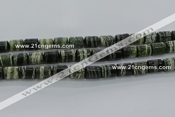 CTB527 15.5 inches 10*13mm triangle green silver line jasper beads