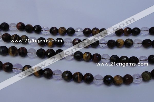 CTE1132 15 inches 8mm faceted round mixed tiger eye & white crystal beads