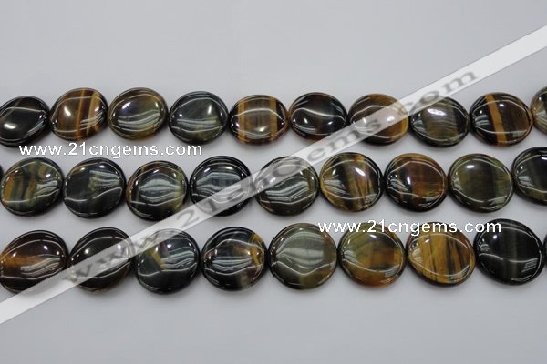 CTE1351 15.5 inches 25mm flat round yellow & blue tiger eye beads