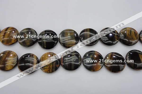 CTE1352 15.5 inches 30mm flat round yellow & blue tiger eye beads