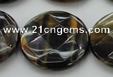 CTE1358 15.5 inches 30mm faceted coin yellow & blue tiger eye beads