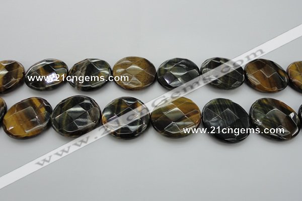 CTE1358 15.5 inches 30mm faceted coin yellow & blue tiger eye beads