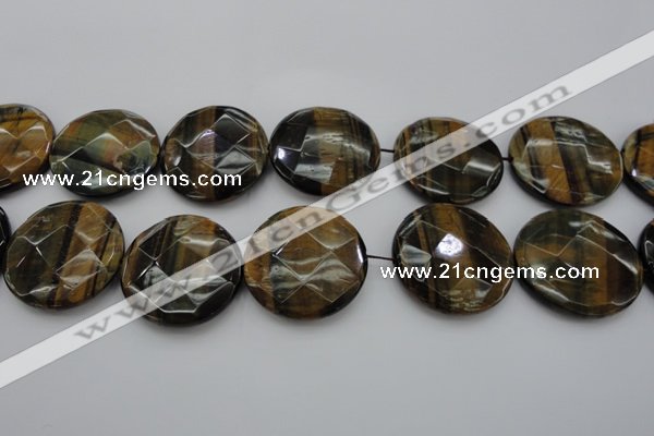 CTE1360 15.5 inches 40mm faceted coin yellow & blue tiger eye beads