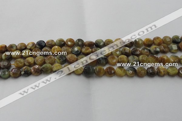 CTE1572 15.5 inches 8mm faceted coin golden & blue tiger eye beads