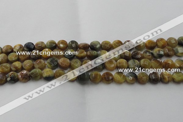 CTE1573 15.5 inches 10mm faceted coin golden & blue tiger eye beads