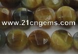 CTE1574 15.5 inches 12mm faceted coin golden & blue tiger eye beads