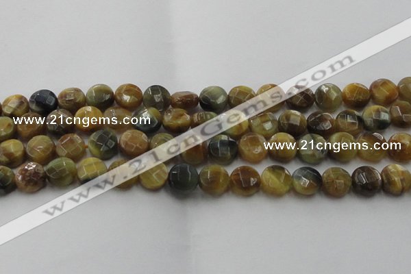 CTE1574 15.5 inches 12mm faceted coin golden & blue tiger eye beads