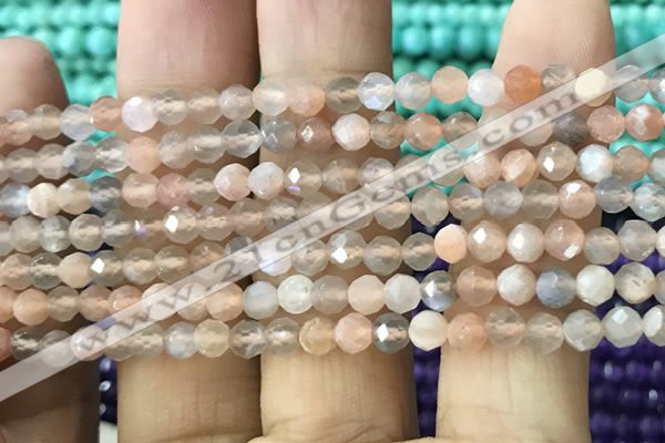 CTG1207 15.5 inches 4mm faceted round tiny rainbow moonstone beads