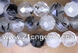 CTG1534 15.5 inches 4mm faceted round black rutilated quartz beads