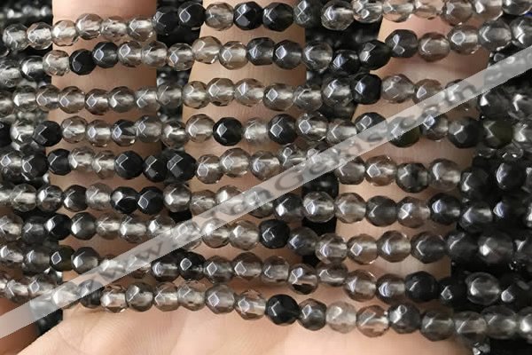 CTG2506 15.5 inches 4mm faceted round smoky quartz beads