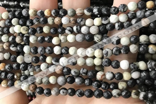 CTG3563 15.5 inches 4mm faceted round black picasso jasper beads