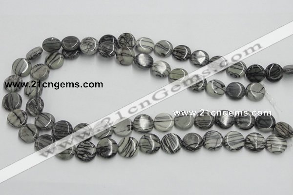 CTJ07 16 inches 14mm flat round black water jasper beads wholesale