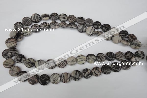 CTJ205 15.5 inches 13mm flat round black water jasper beads wholesale