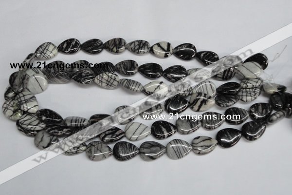 CTJ48 15.5 inches 13*18mm flat teardrop black water jasper beads wholesale