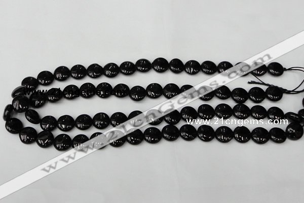 CTO128 15.5 inches 12mm flat round black tourmaline beads