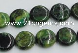 CTP08 15.5 inches 14mm flat round yellow green pine gemstone beads