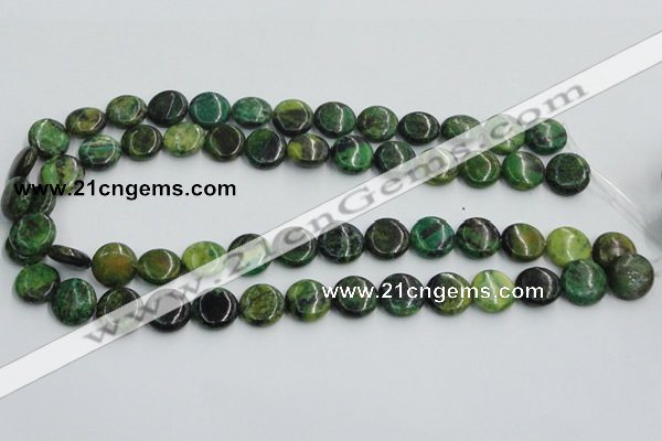 CTP08 15.5 inches 14mm flat round yellow green pine gemstone beads