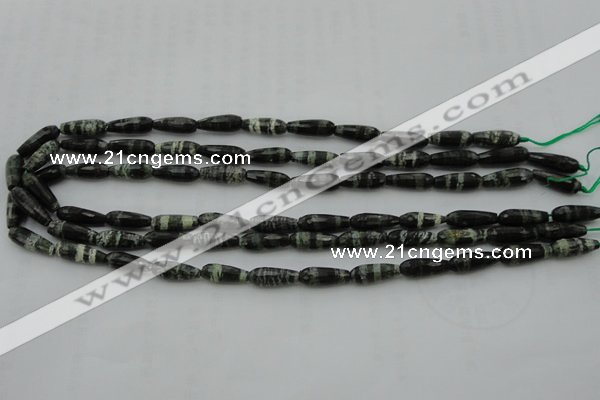 CTR10 15.5 inches 6*16mm faceted teardrop green silver line jasper beads