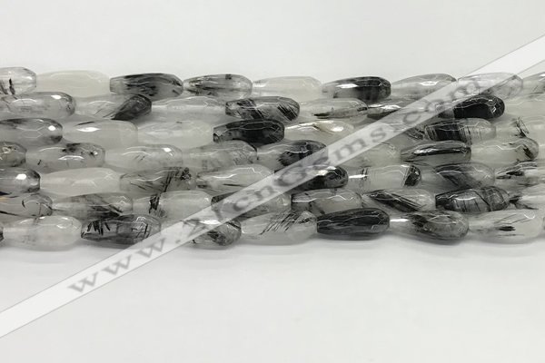 CTR155 15.5 inches 6*16mm faceted teardrop black rutilated quartz beads