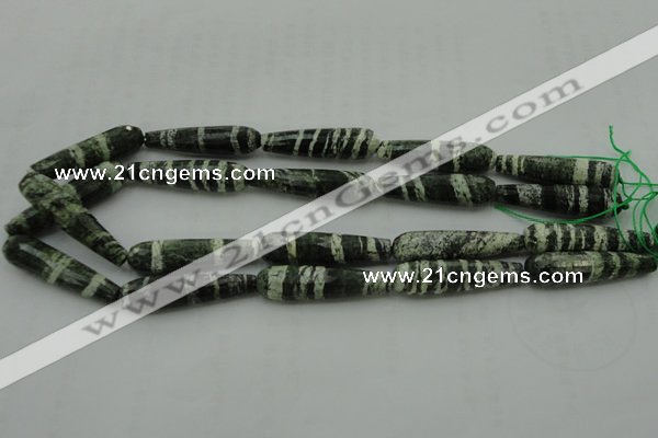 CTR53 15.5 inches 10*40mm faceted teardrop green silver line jasper beads