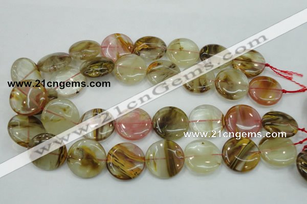 CTS50 15.5 inches 25mm flat round tigerskin glass beads wholesale