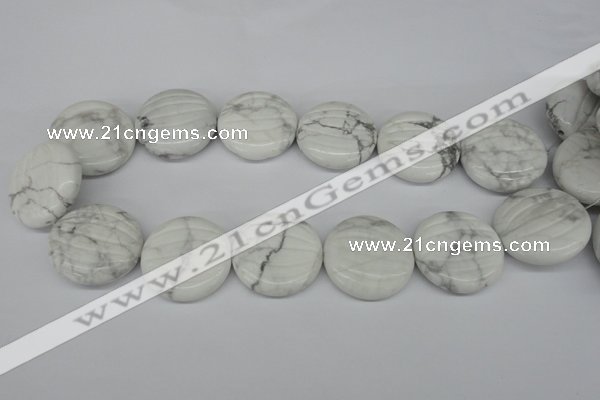 CWB65 15.5 inches 30mm carved coin natural white howlite beads