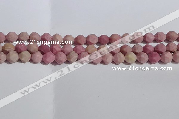 CWF32 10mm faceted nuggets matte pink wooden fossil jasper beads