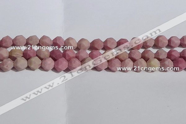 CWF33 12mm faceted nuggets matte pink wooden fossil jasper beads